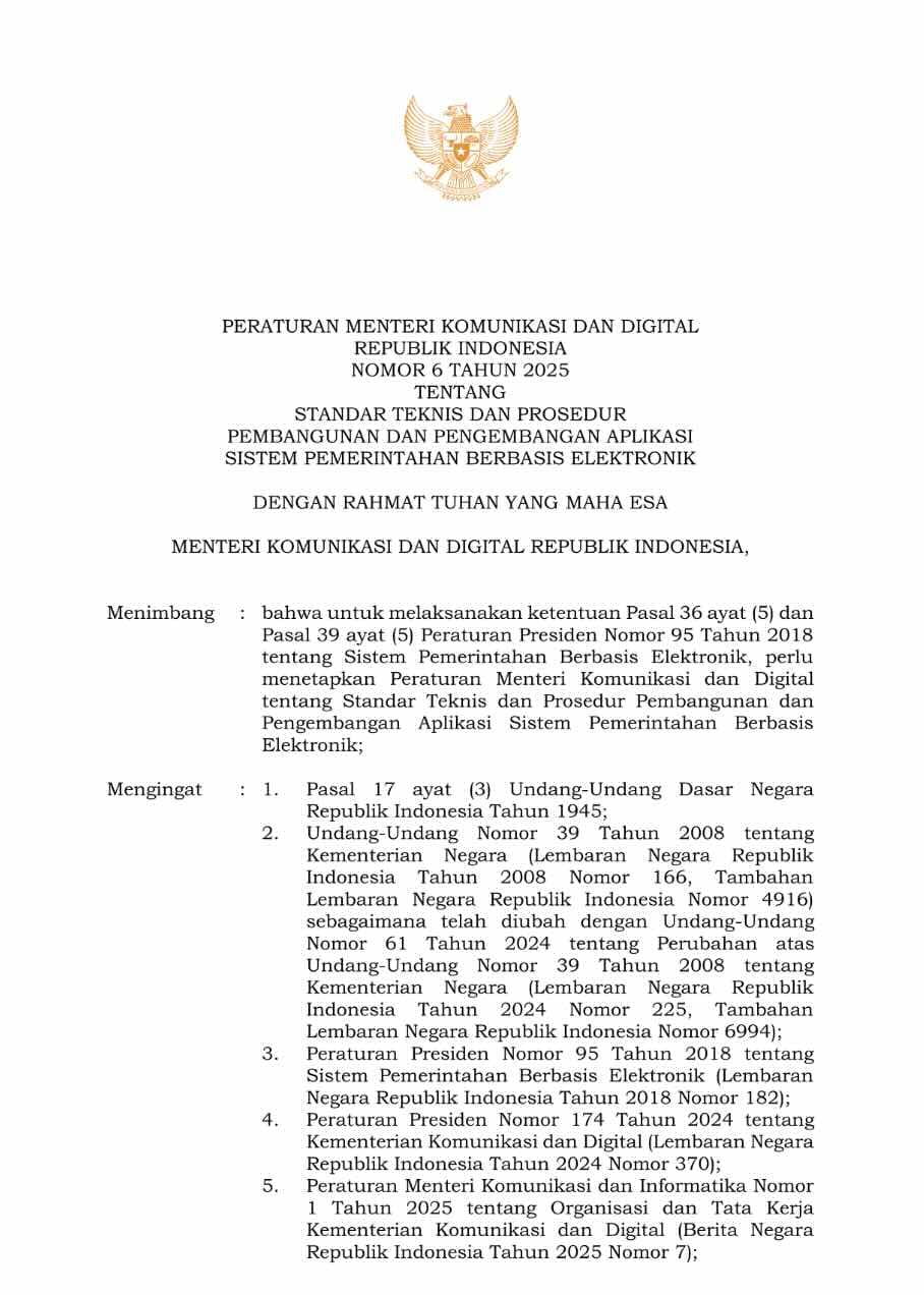 Permenkomdigi 6/2025 dan Standar Aplikasi SPBE