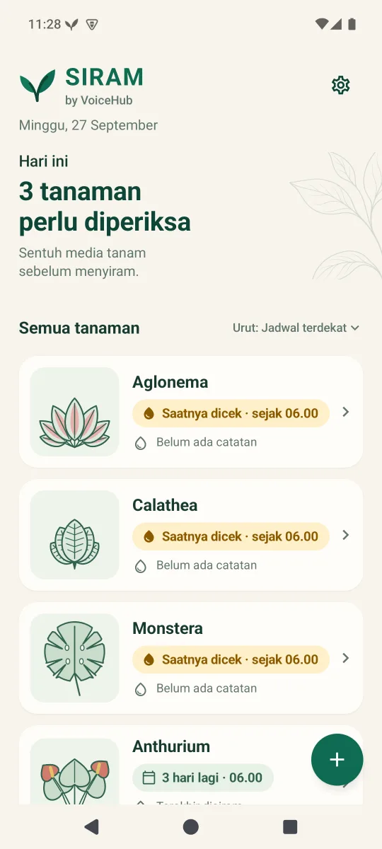 Beranda Siram: tiga tanaman perlu diperiksa hari ini, diurutkan dari jadwal terdekat.