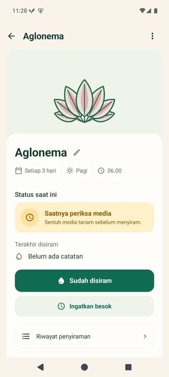 Detail tanaman saat waktunya diperiksa, dengan tombol Sudah disiram dan Ingatkan besok.