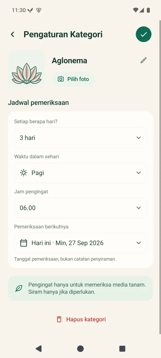 Pengaturan jadwal: setiap berapa hari, waktu, dan jam.