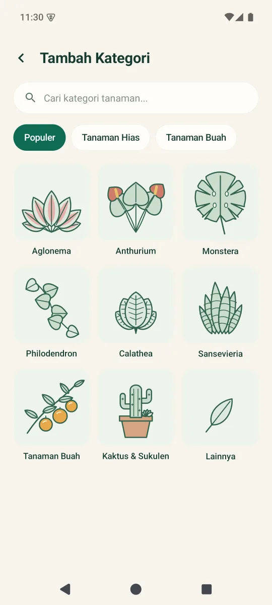 Layar tambah tanaman dengan preset berilustrasi.