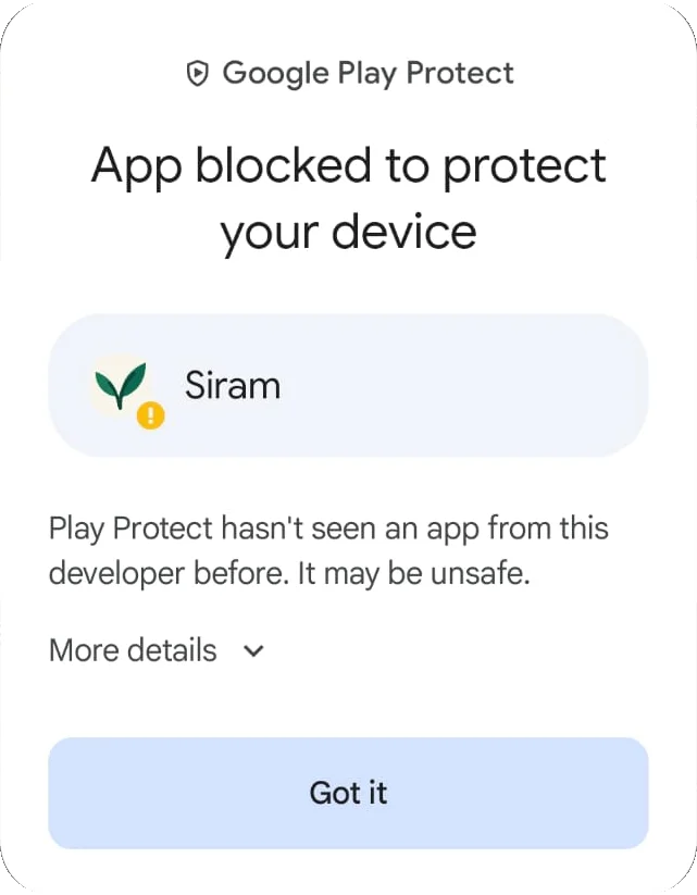 Dialog Google Play Protect: App blocked to protect your device, dengan pilihan More details dan tombol Got it.