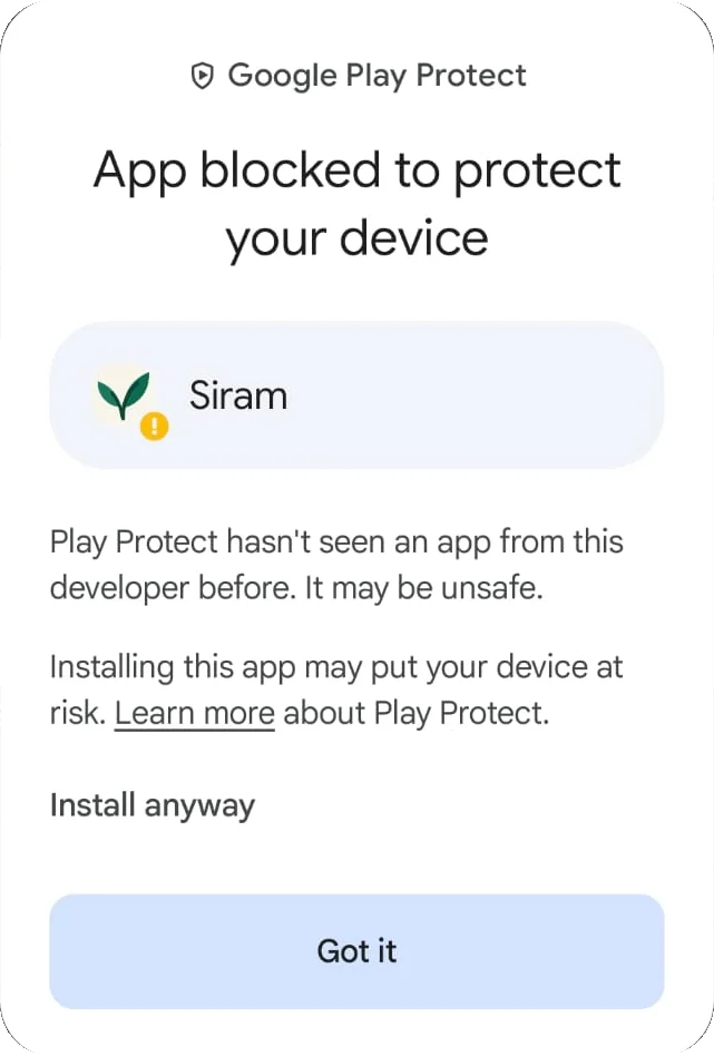Dialog Google Play Protect setelah More details dibuka, menampilkan pilihan Install anyway di atas tombol Got it.